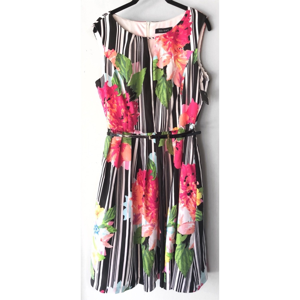 ELLEN TRACY FLORAL STRIPED PLEATED BELTED DRESS 10